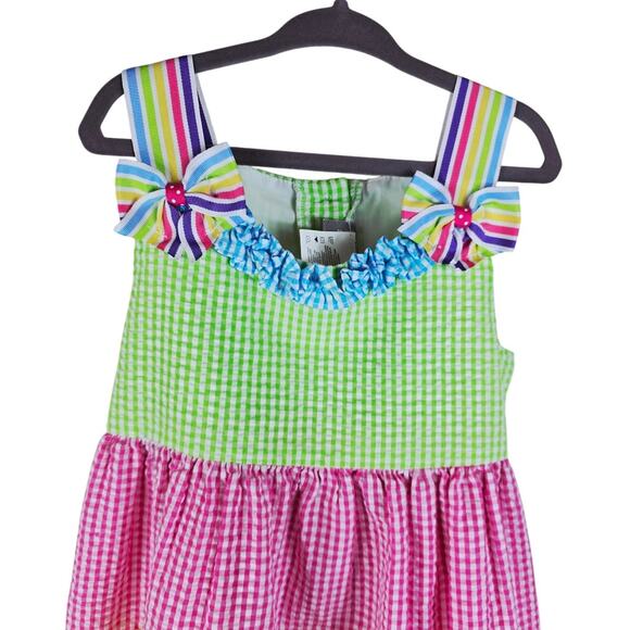 Emily Rose Seersucker Rainbow Tier Dress Ocean Scene Bows Girls Dress 6 - Picture 2 of 7